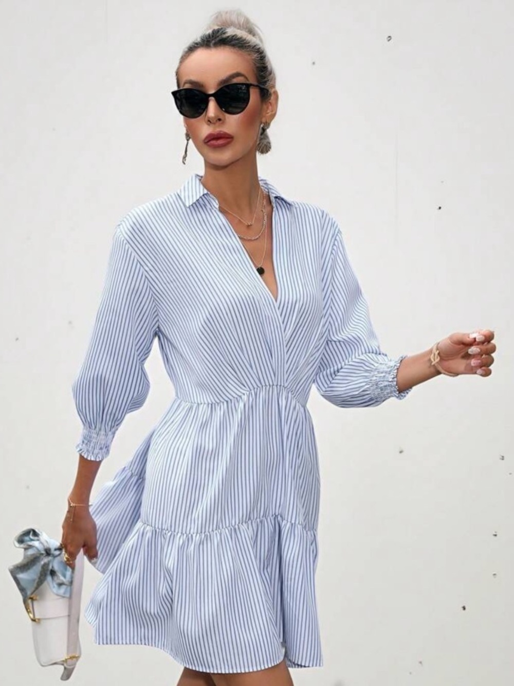 Blue Striped Wrap Mini Casual Dress – S - Picture 5 of 7